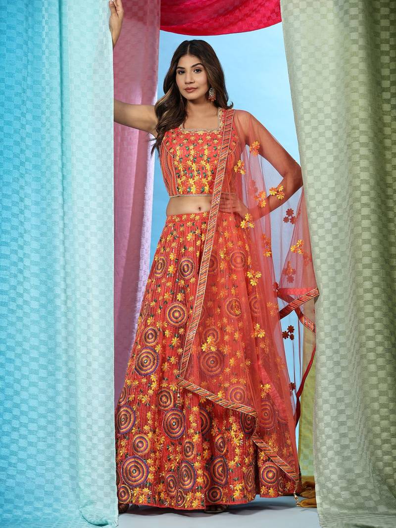 JustFashion Orange Embroidered Lehenga Set With Blouse And Dupatta
