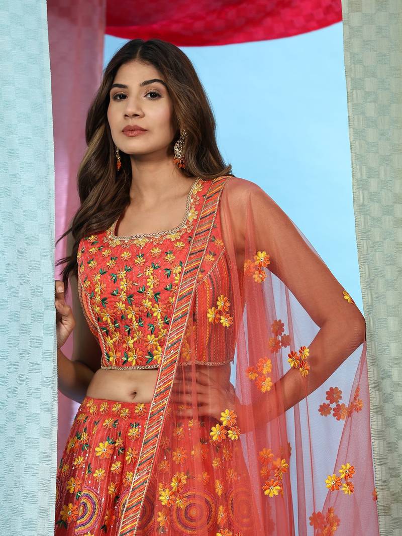 JustFashion Orange Embroidered Lehenga Set With Blouse And Dupatta