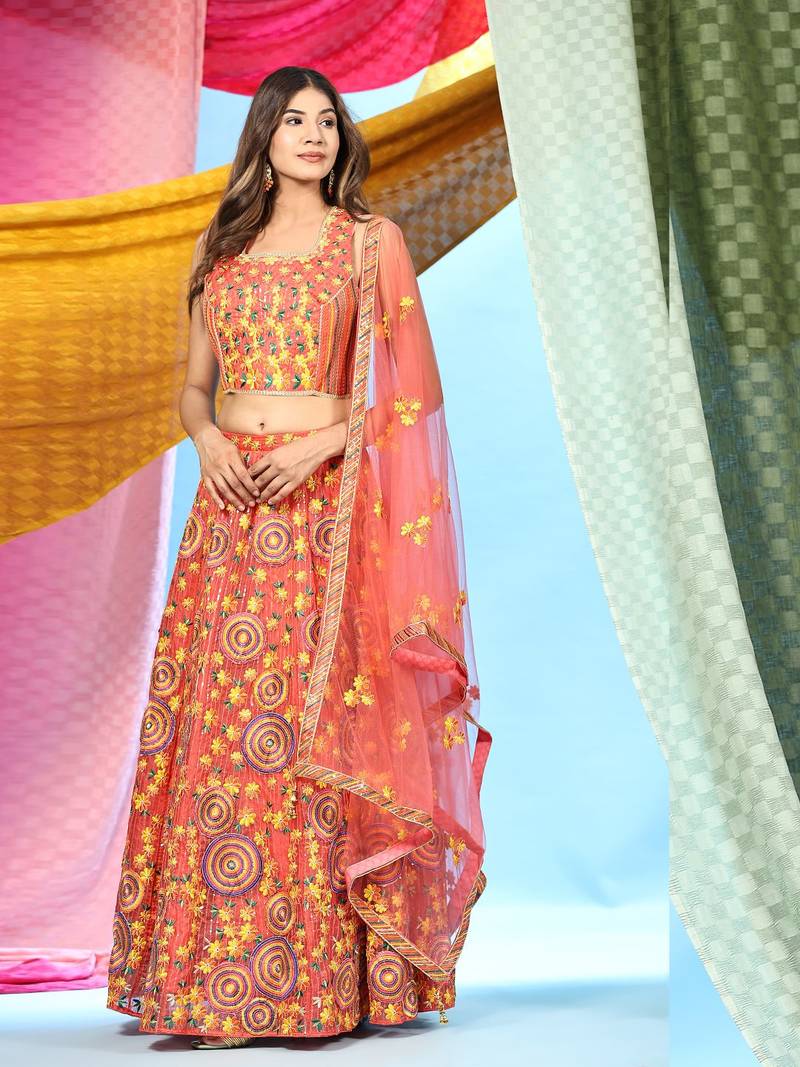 JustFashion Orange Embroidered Lehenga Set With Blouse And Dupatta