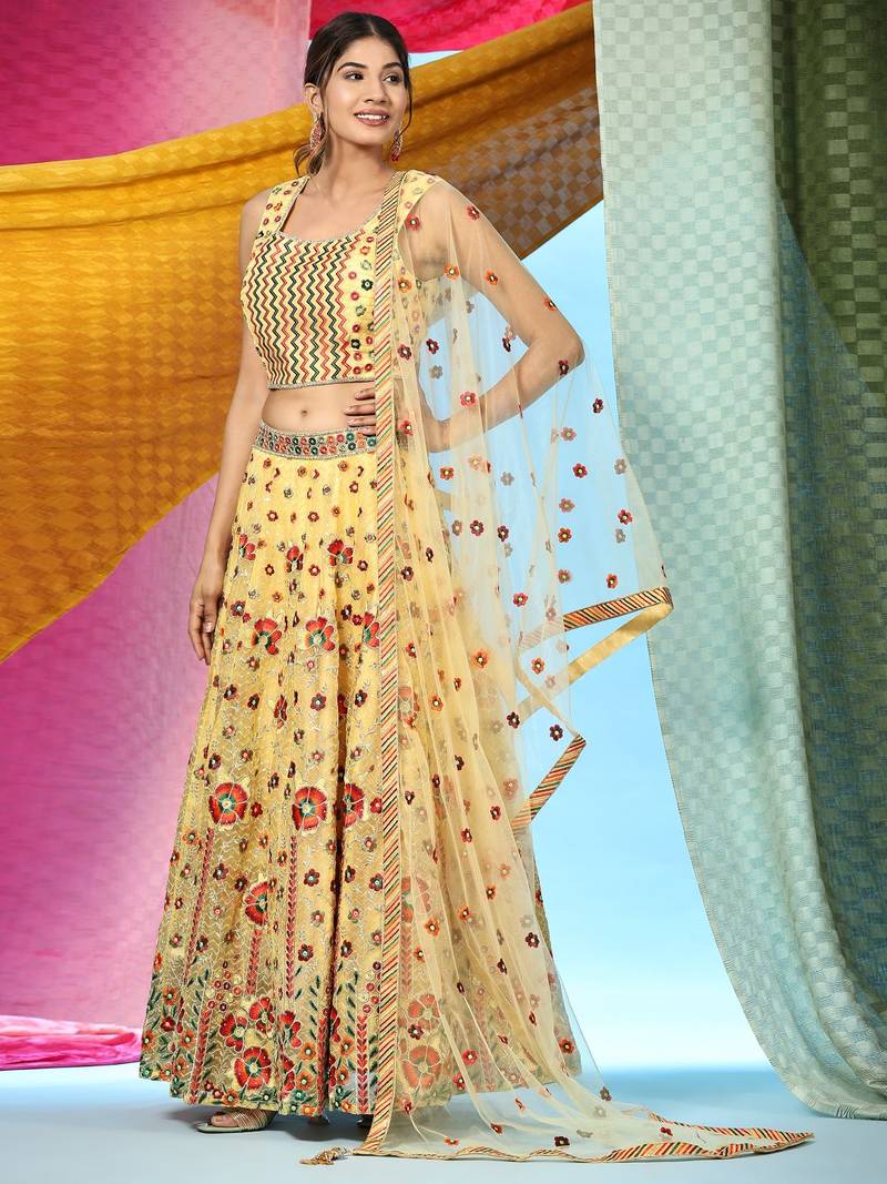 JustFashion Yellow Embroidered Lehenga Set With Blouse And Dupatta