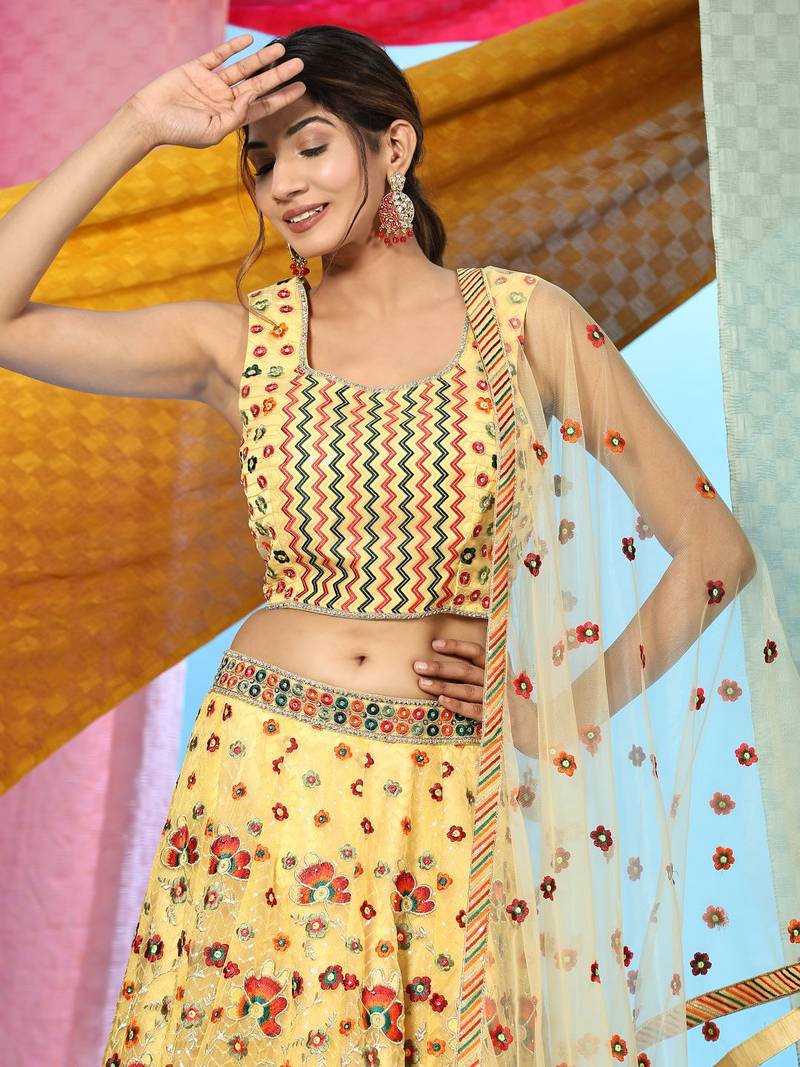 JustFashion Yellow Embroidered Lehenga Set With Blouse And Dupatta