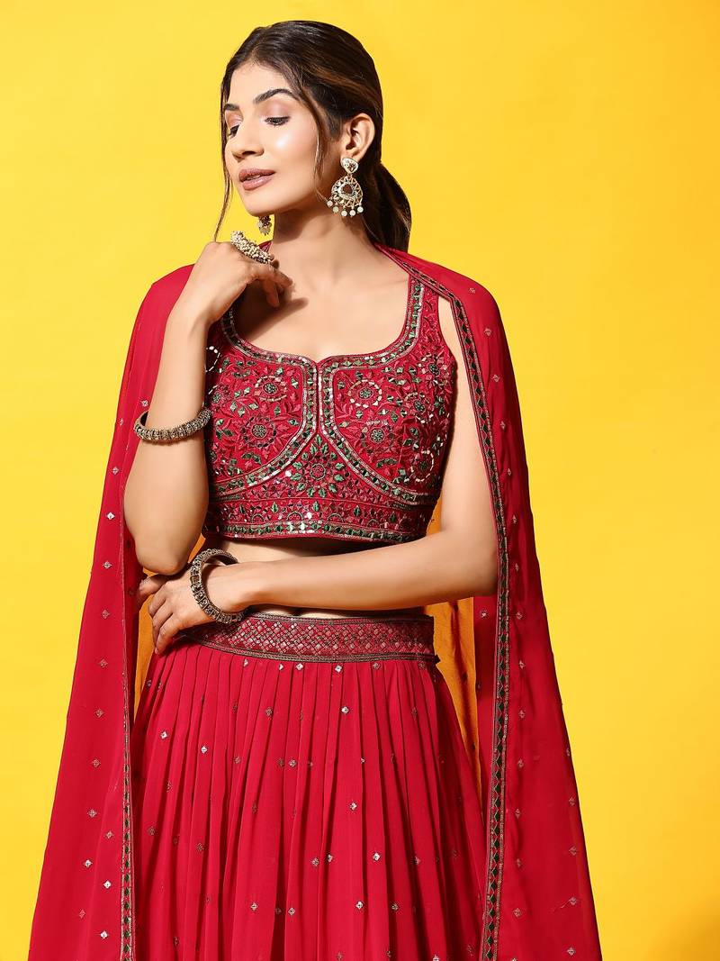 JustFashion Pink Embroidered Lehenga Set With Blouse And Dupatta