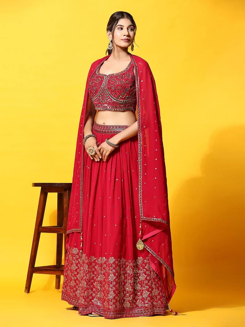 JustFashion Pink Embroidered Lehenga Set With Blouse And Dupatta