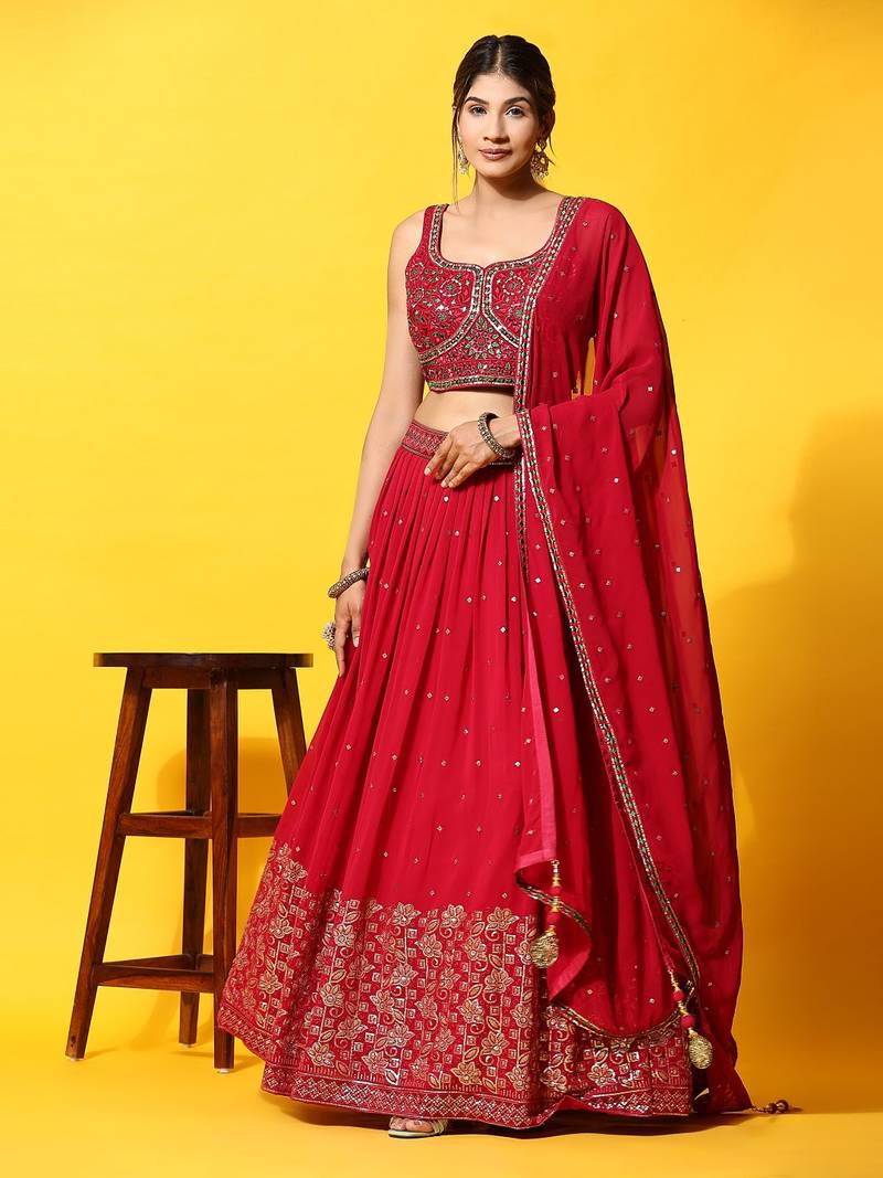 JustFashion Pink Embroidered Lehenga Set With Blouse And Dupatta