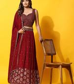 JustFashion Maroon Embroidered Lehenga Set With Blouse And Dupatta