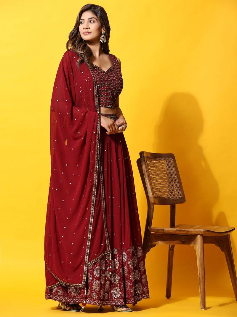 JustFashion Maroon Embroidered Lehenga Set With Blouse And Dupatta