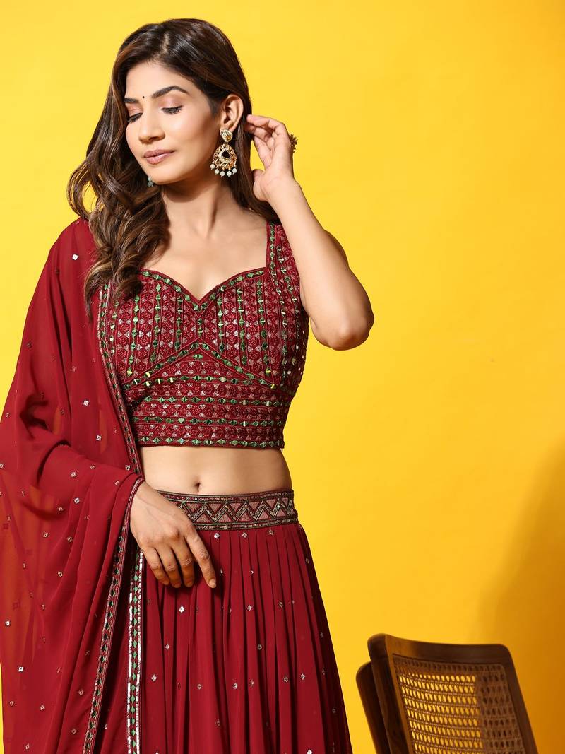 JustFashion Maroon Embroidered Lehenga Set With Blouse And Dupatta