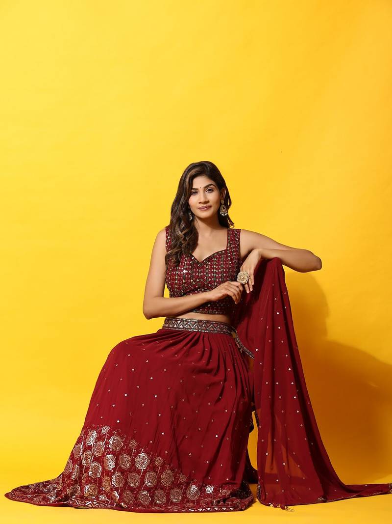 JustFashion Maroon Embroidered Lehenga Set With Blouse And Dupatta