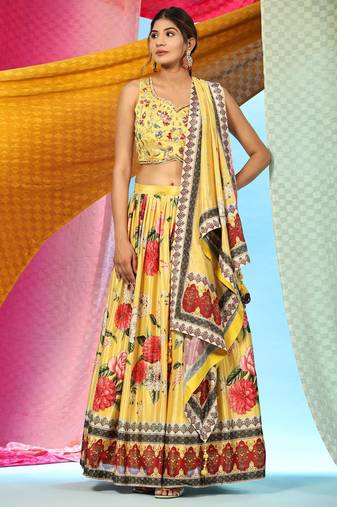 JustFashion Yellow Floral Print Lehenga Set With Embroidered Blouse And Dupatta