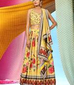 JustFashion Yellow Floral Print Lehenga Set With Embroidered Blouse And Dupatta