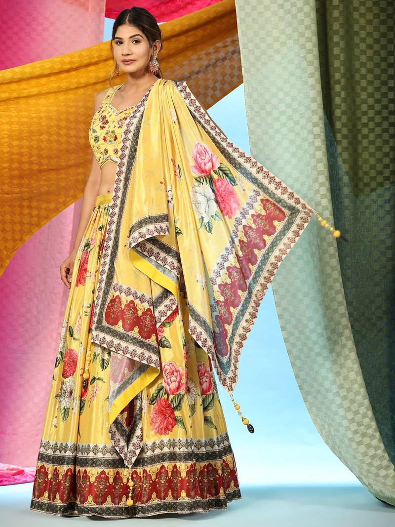 JustFashion Yellow Floral Print Lehenga Set With Embroidered Blouse And Dupatta