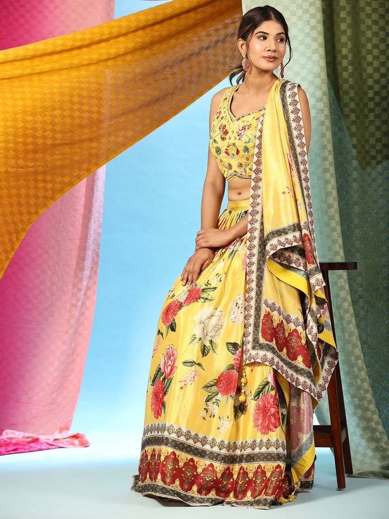 JustFashion Yellow Floral Print Lehenga Set With Embroidered Blouse And Dupatta