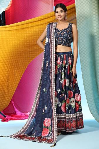 JustFashion Navy Blue Floral Print Lehenga Set With Embroidered Blouse And Dupatta