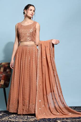 JustFashion Rust Sequin Embroidered Lehenga Set With Mirror Embroidered Blouse And Dupatta