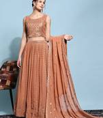 JustFashion Rust Sequin Embroidered Lehenga Set With Mirror Embroidered Blouse And Dupatta