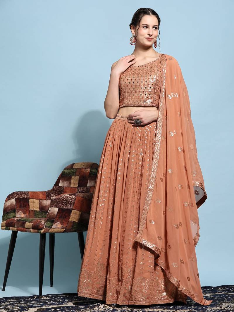 JustFashion Rust Sequin Embroidered Lehenga Set With Mirror Embroidered Blouse And Dupatta