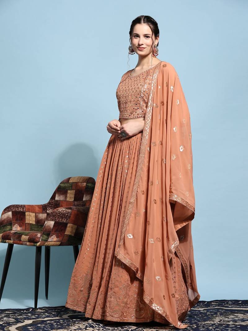 JustFashion Rust Sequin Embroidered Lehenga Set With Mirror Embroidered Blouse And Dupatta