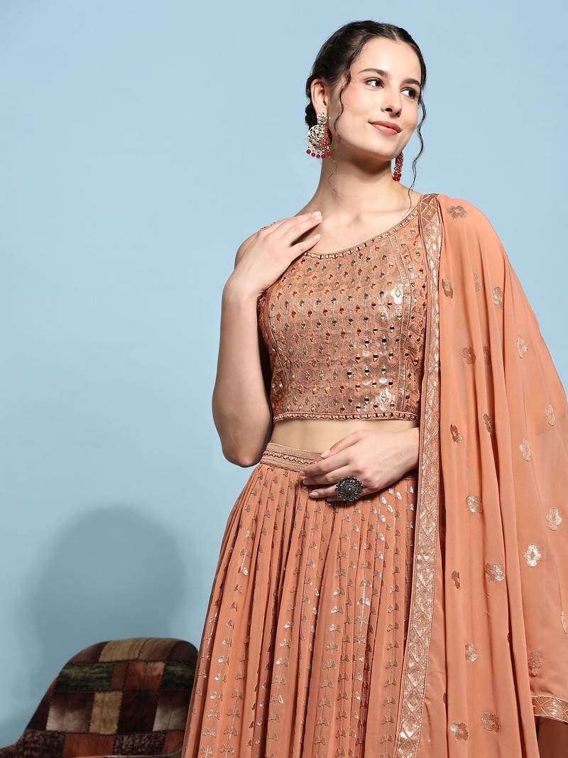 JustFashion Rust Sequin Embroidered Lehenga Set With Mirror Embroidered Blouse And Dupatta
