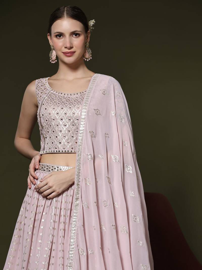JustFashion Pink Sequin Embroidered Lehenga Set With Mirror Embroidered Blouse And Dupatta