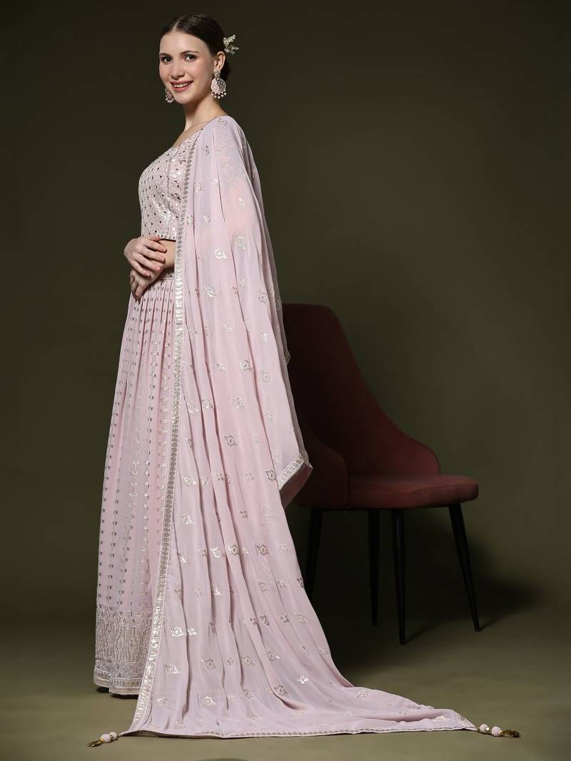 JustFashion Pink Sequin Embroidered Lehenga Set With Mirror Embroidered Blouse And Dupatta