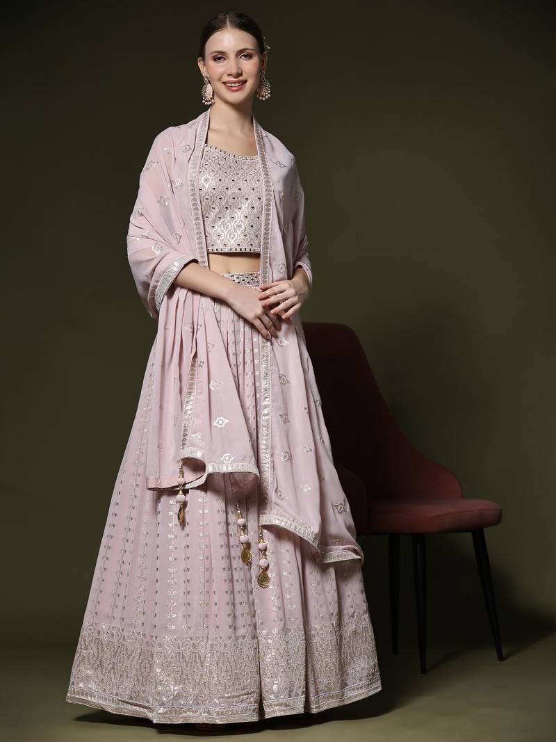 JustFashion Pink Sequin Embroidered Lehenga Set With Mirror Embroidered Blouse And Dupatta