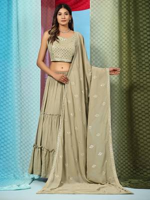 JustFashion Olive Tiered Lehenga Set With Mirror Embroidered Blouse,Jacket And Dupatta 1