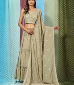 JustFashion Olive Tiered Lehenga Set With Mirror Embroidered Blouse,Jacket And Dupatta