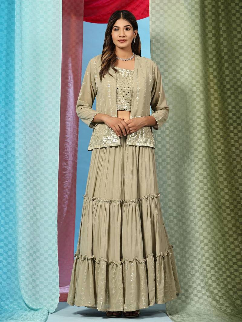 JustFashion Olive Tiered Lehenga Set With Mirror Embroidered Blouse,Jacket And Dupatta