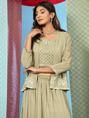 JustFashion Olive Tiered Lehenga Set With Mirror Embroidered Blouse,Jacket And Dupatta 3