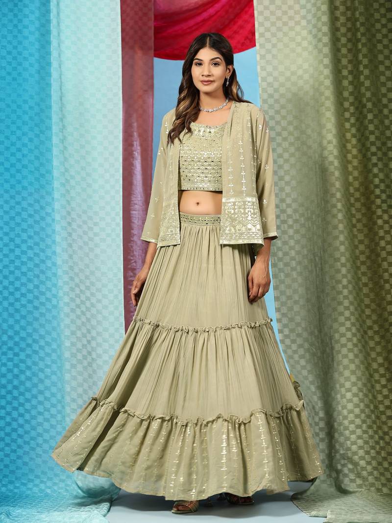 JustFashion Olive Tiered Lehenga Set With Mirror Embroidered Blouse,Jacket And Dupatta