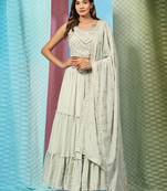 JustFashion Pista Green Tiered Lehenga Set With Mirror Embroidered Blouse,Jacket And Dupatta