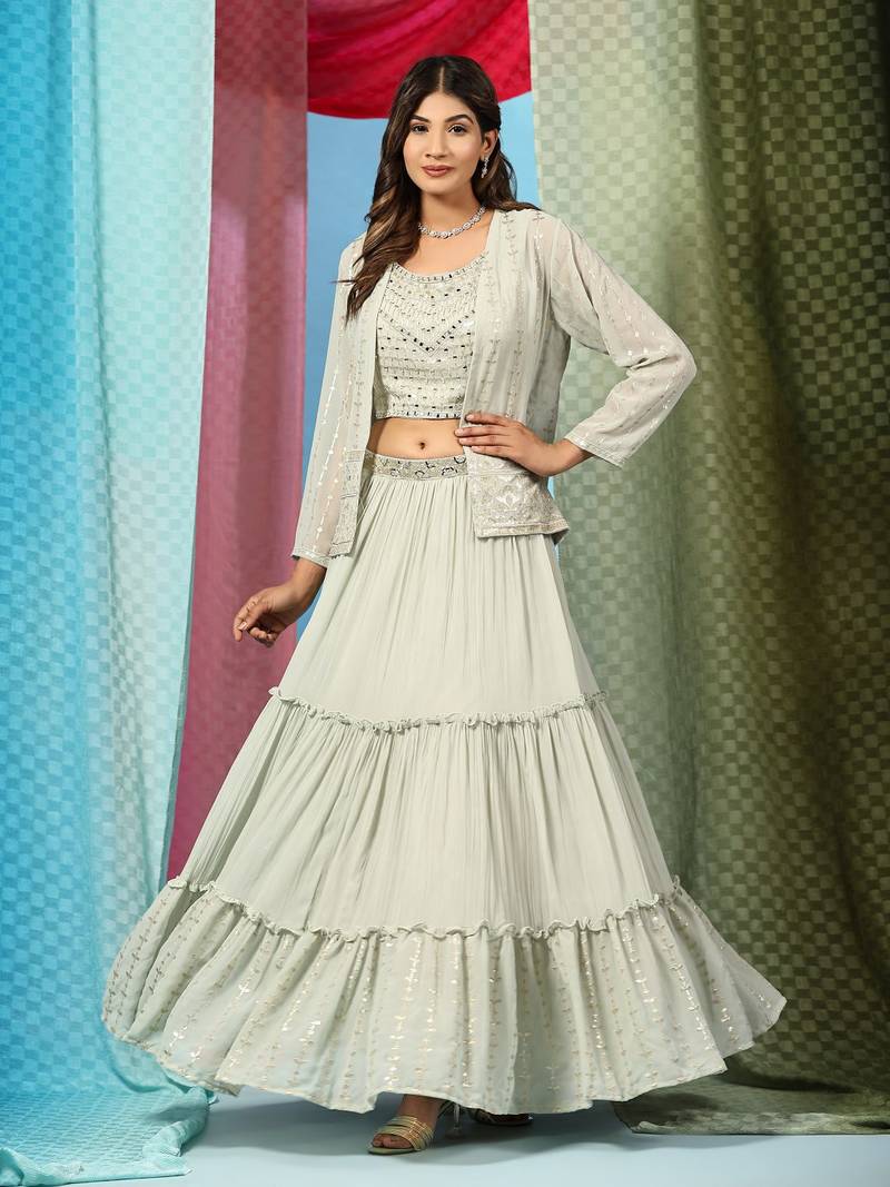 JustFashion Pista Green Tiered Lehenga Set With Mirror Embroidered Blouse,Jacket And Dupatta