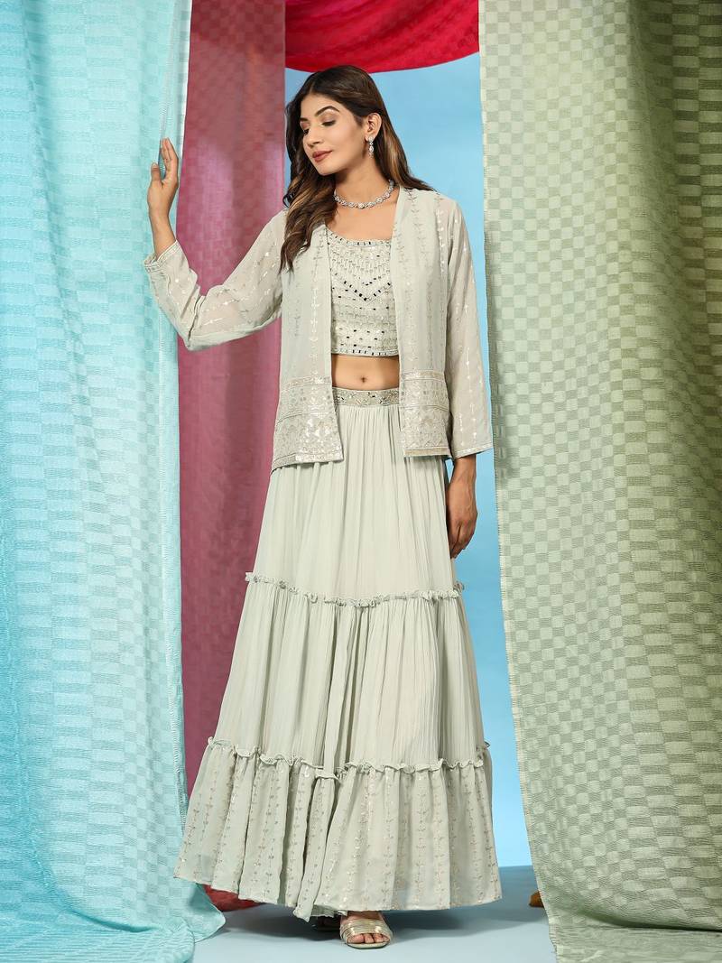 JustFashion Pista Green Tiered Lehenga Set With Mirror Embroidered Blouse,Jacket And Dupatta