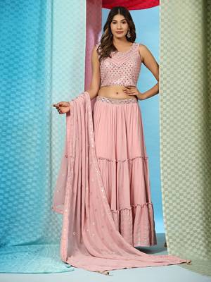JustFashion Pink Tiered Lehenga Set With Mirror Embroidered Blouse,Jacket And Dupatta 1