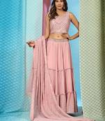 JustFashion Pink Tiered Lehenga Set With Mirror Embroidered Blouse,Jacket And Dupatta
