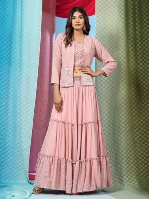 JustFashion Pink Tiered Lehenga Set With Mirror Embroidered Blouse,Jacket And Dupatta 2