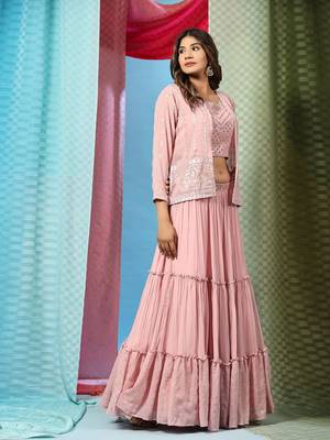 JustFashion Pink Tiered Lehenga Set With Mirror Embroidered Blouse,Jacket And Dupatta 3