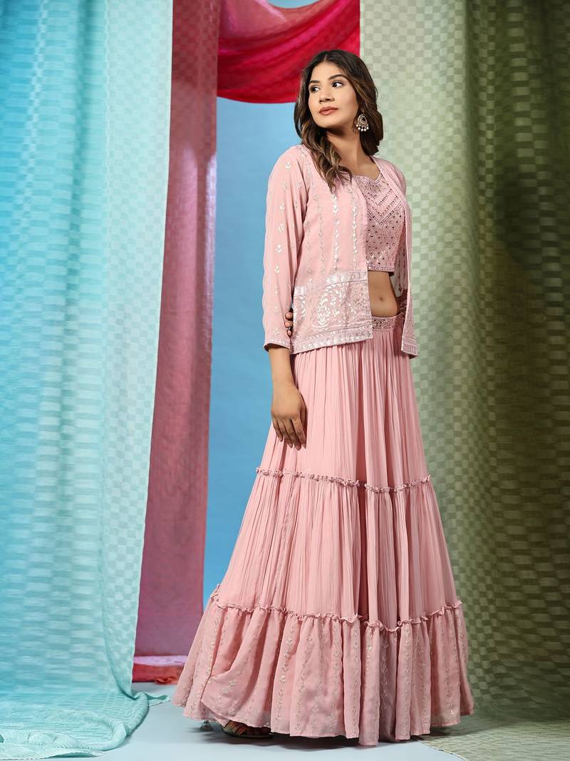 JustFashion Pink Tiered Lehenga Set With Mirror Embroidered Blouse,Jacket And Dupatta