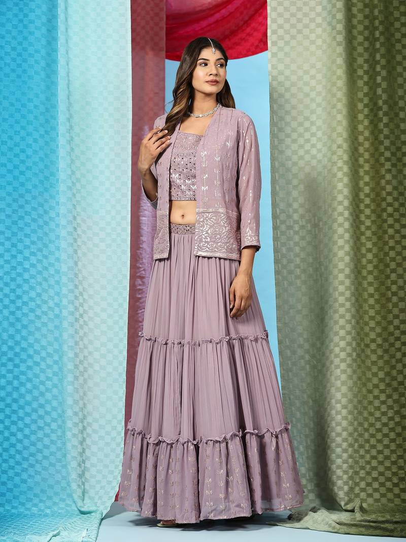 JustFashion Purple Tiered Lehenga Set With Mirror Embroidered Blouse,Jacket And Dupatta