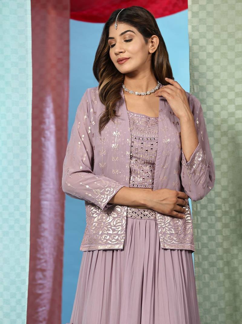 JustFashion Purple Tiered Lehenga Set With Mirror Embroidered Blouse,Jacket And Dupatta