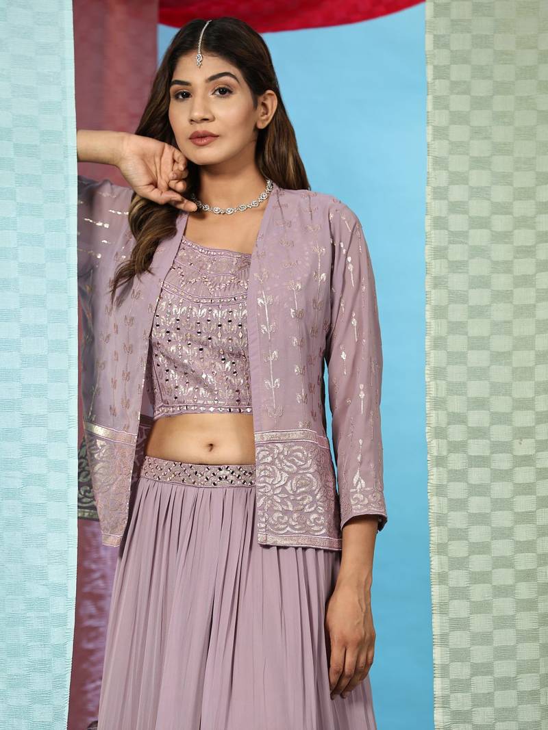 JustFashion Purple Tiered Lehenga Set With Mirror Embroidered Blouse,Jacket And Dupatta