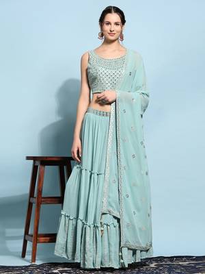 JustFashion Blue Tiered Lehenga Set With Mirror Embroidered Blouse,Jacket And Dupatta 1