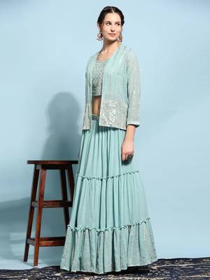 JustFashion Blue Tiered Lehenga Set With Mirror Embroidered Blouse,Jacket And Dupatta 2