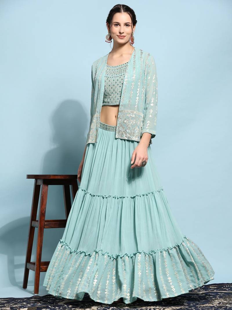 JustFashion Blue Tiered Lehenga Set With Mirror Embroidered Blouse,Jacket And Dupatta