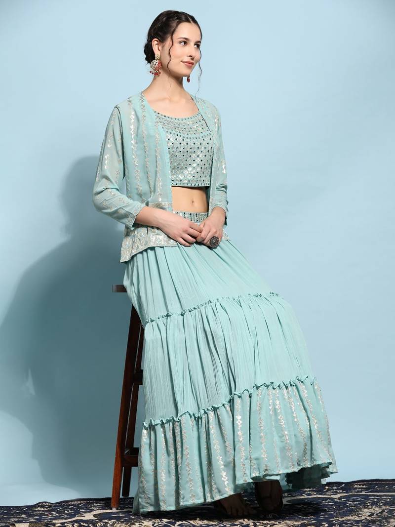 JustFashion Blue Tiered Lehenga Set With Mirror Embroidered Blouse,Jacket And Dupatta