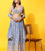 JustFashion Blue Embroidered Lehenga Set With Blouse And Dupatta