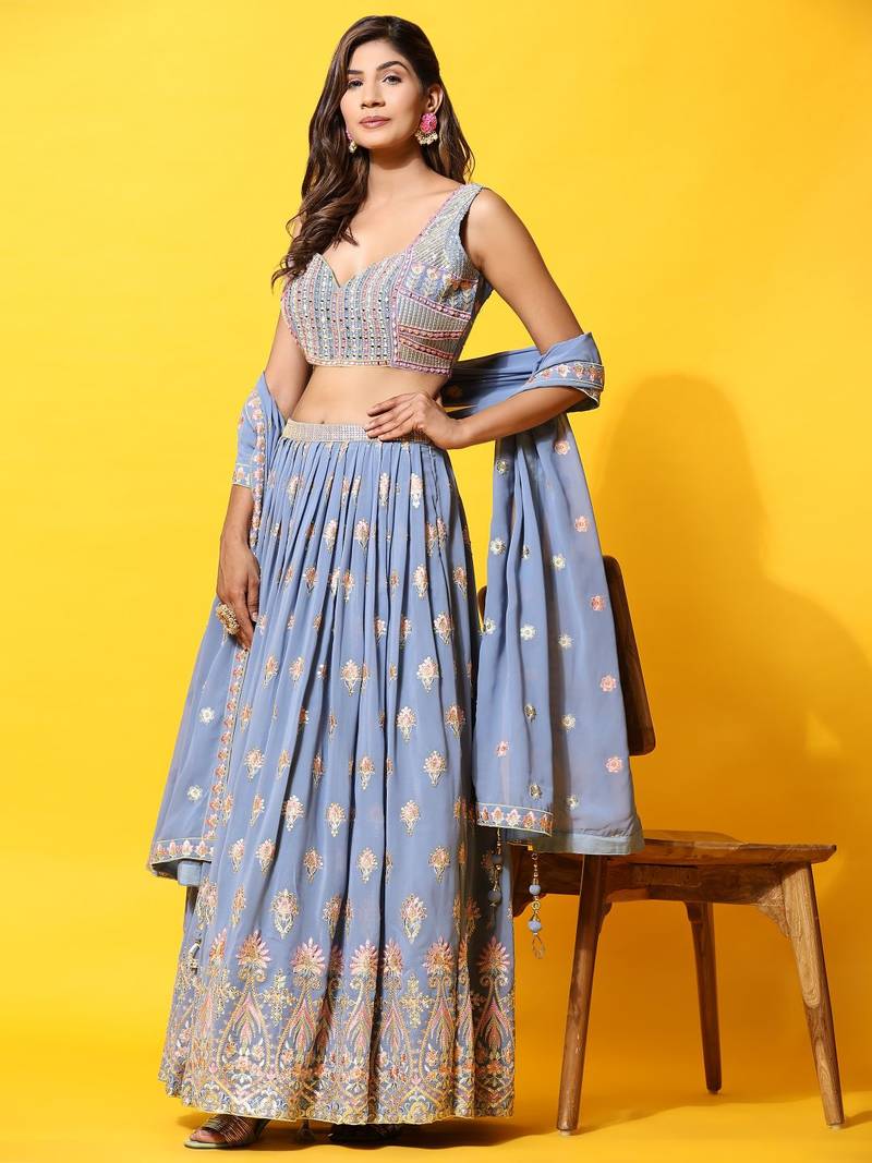 JustFashion Blue Embroidered Lehenga Set With Blouse And Dupatta