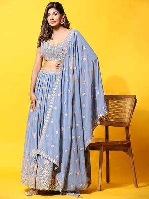 JustFashion Blue Embroidered Lehenga Set With Blouse And Dupatta 4