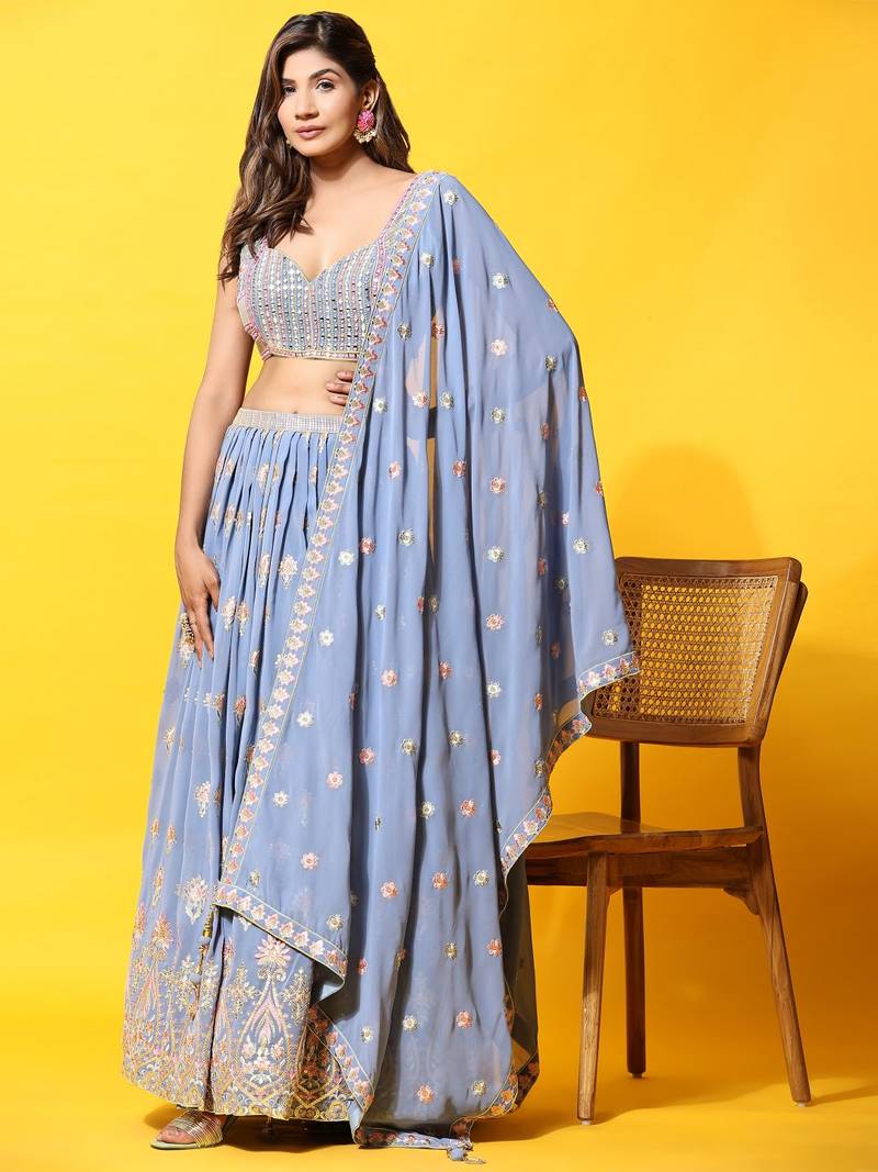 JustFashion Blue Embroidered Lehenga Set With Blouse And Dupatta