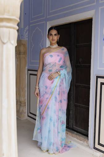 Geroo Jaipur Blue-pink shaded hand painted floral chiffon saree with blouse